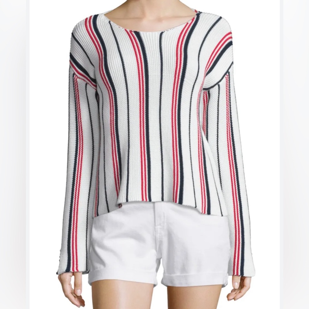 FRAME  vertical Stripe Knit Top - White with Red & Navy Stripes